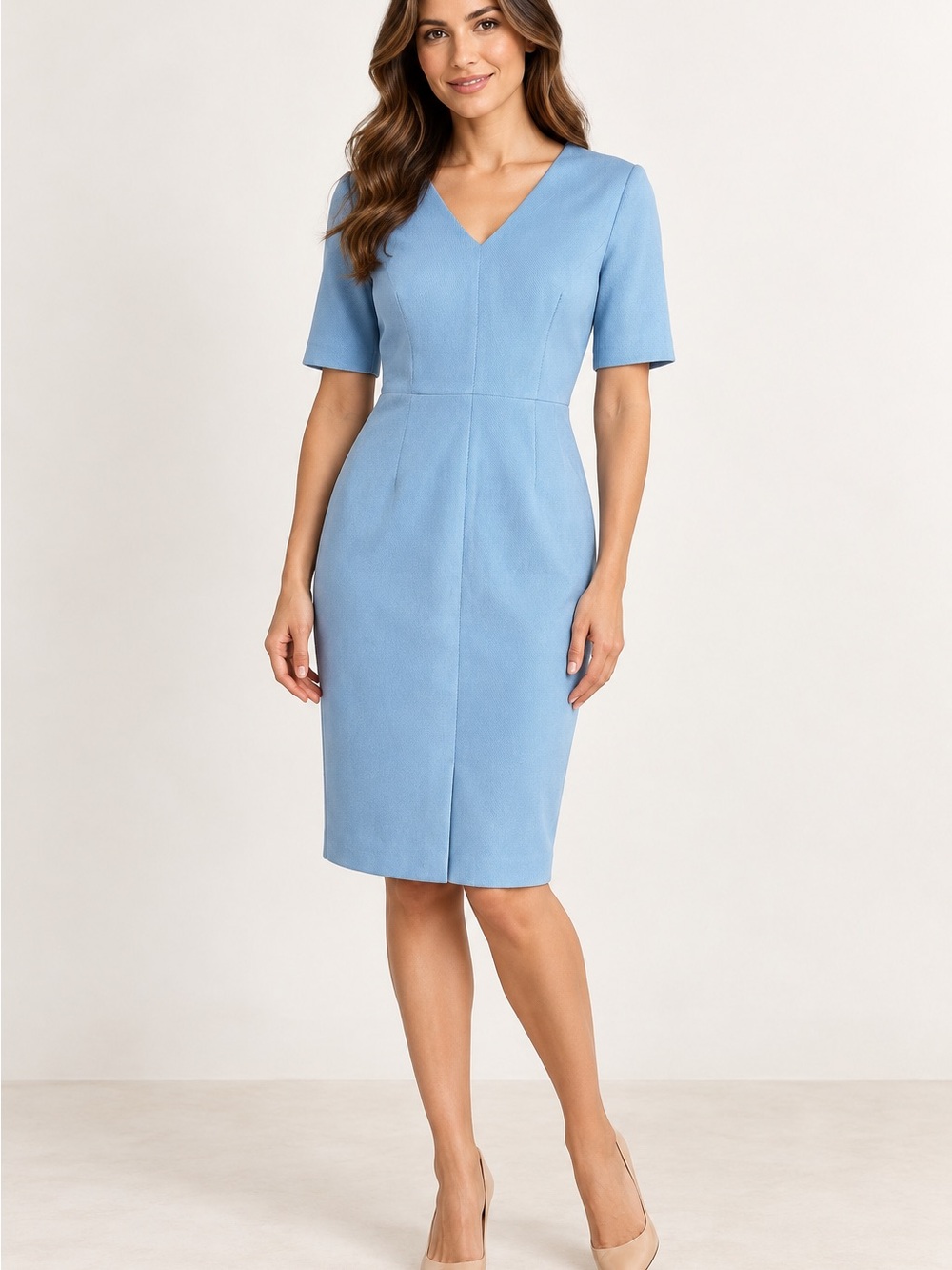 NWT Ann Taylor Size 4 Blue Textured V-Neck Short Sleeve Career Sheath Midi Dress